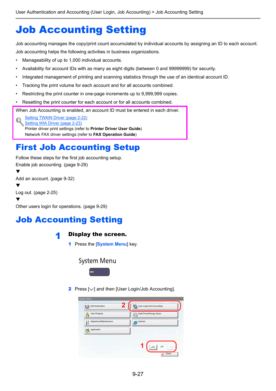 Job accounting setting, First job accounting setup, Job accounting setting -27 | Display the screen | TA Triumph-Adler 3060i User Manual | Page 415 / 526