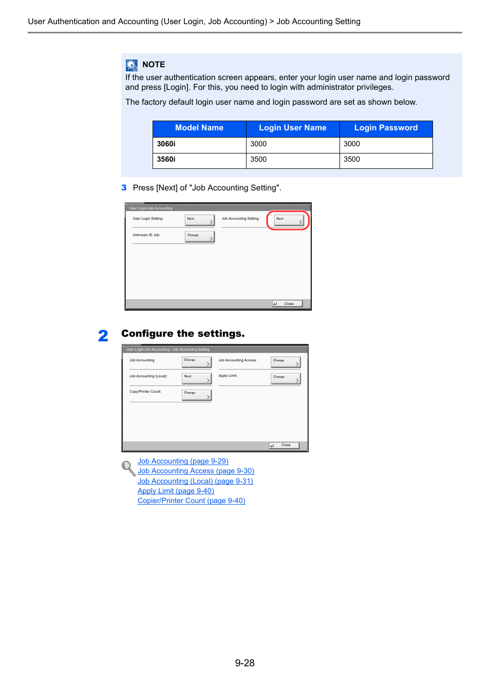 Configure the settings, Model name login user name login password | TA Triumph-Adler 3060i User Manual | Page 416 / 526