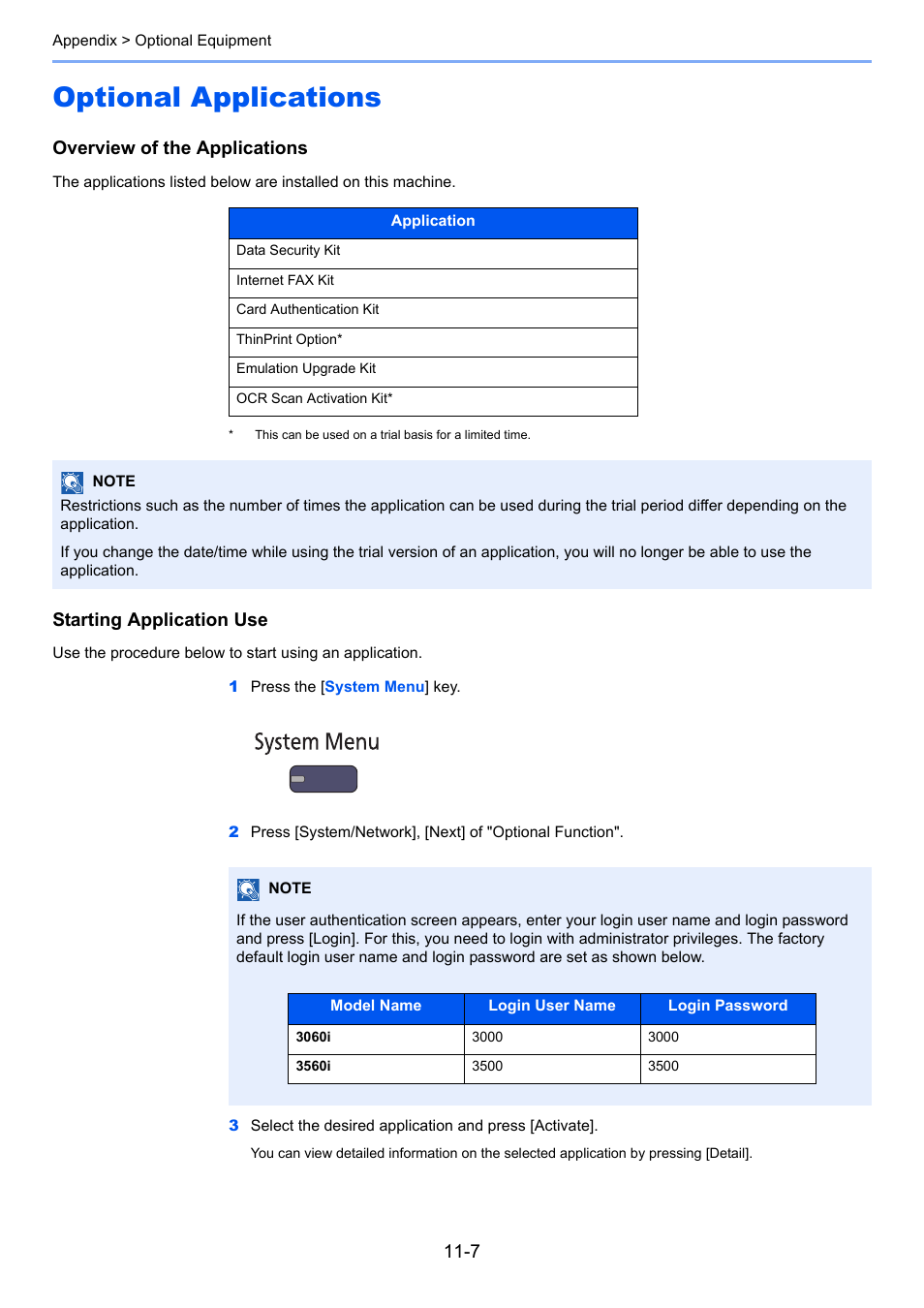 Optional applications, Optional applications -7, Overview of the applications | Starting application use | TA Triumph-Adler 3060i User Manual | Page 491 / 526