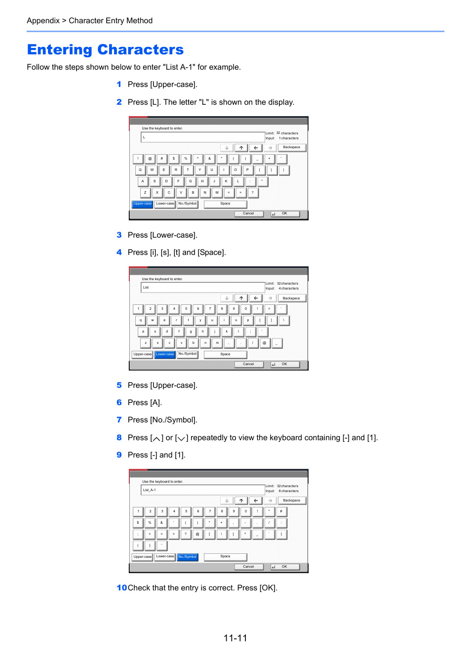 Entering characters, Entering characters -11, Appendix > character entry method | TA Triumph-Adler 3060i User Manual | Page 495 / 526