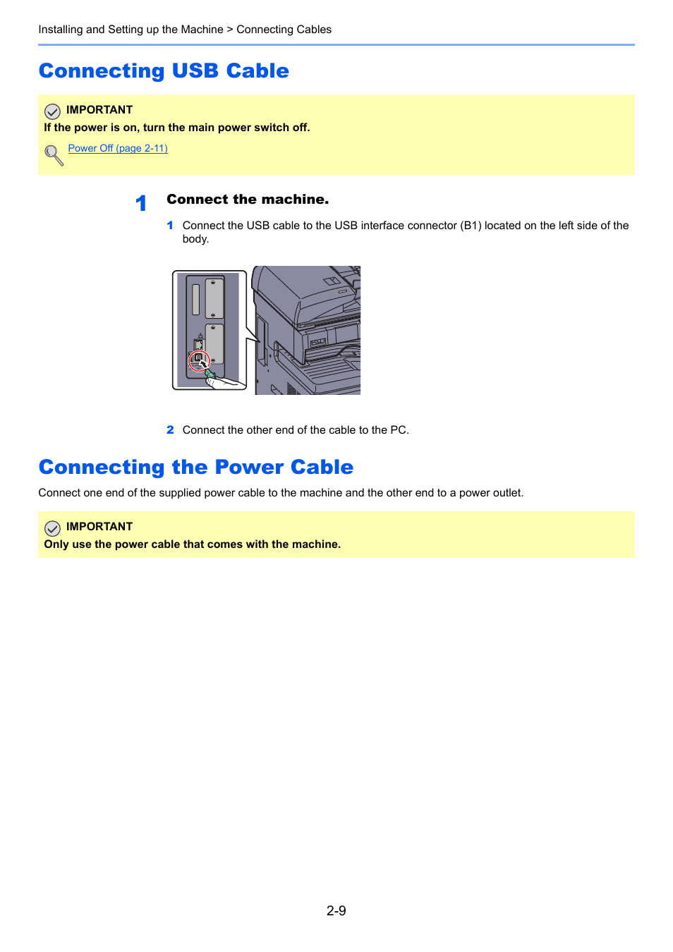 Connecting usb cable, Connecting the power cable | TA Triumph-Adler 3060i User Manual | Page 65 / 526