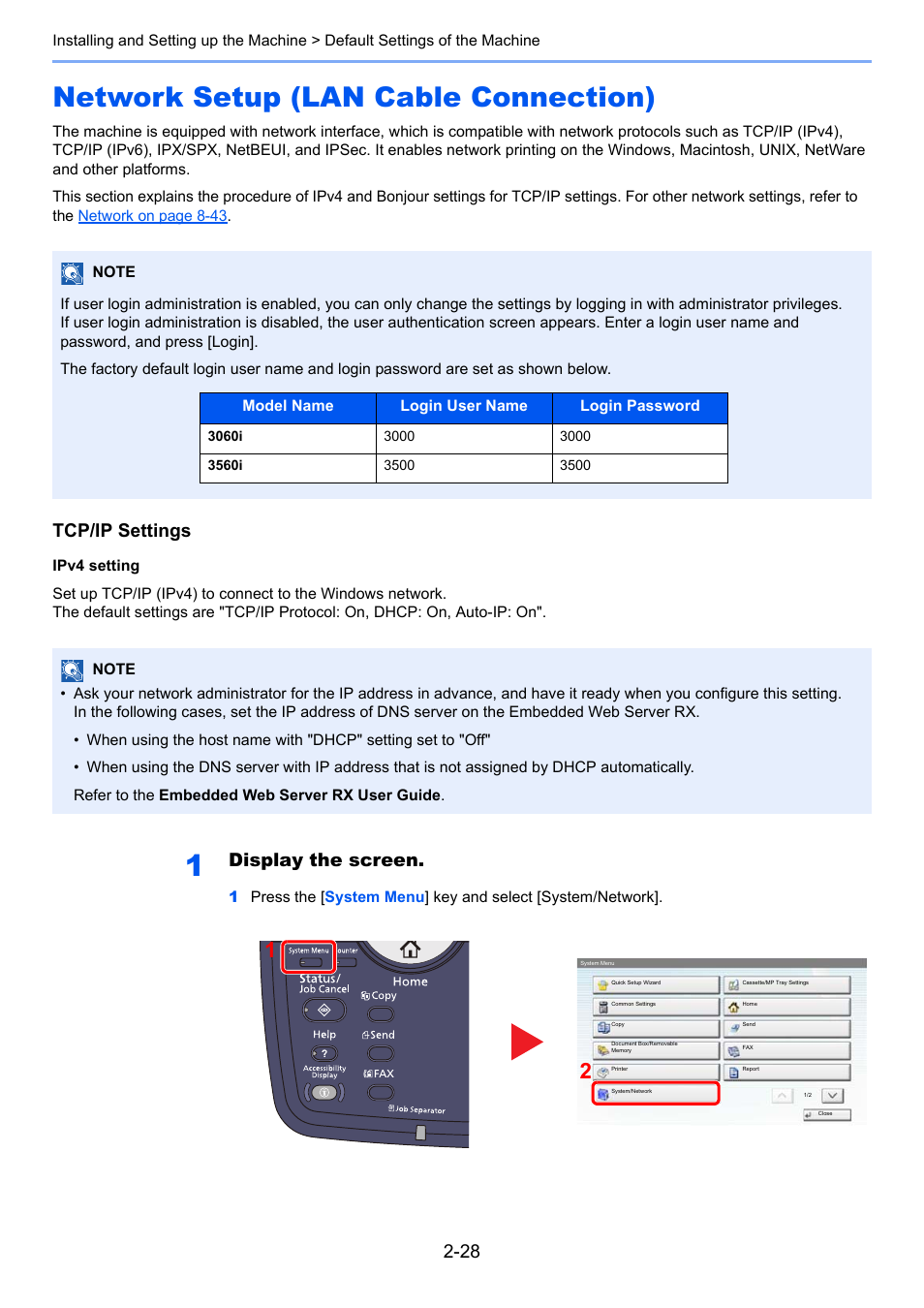 Network setup (lan cable connection), Network setup (lan cable connection) -28, Tcp/ip settings | Display the screen | TA Triumph-Adler 3060i User Manual | Page 84 / 526