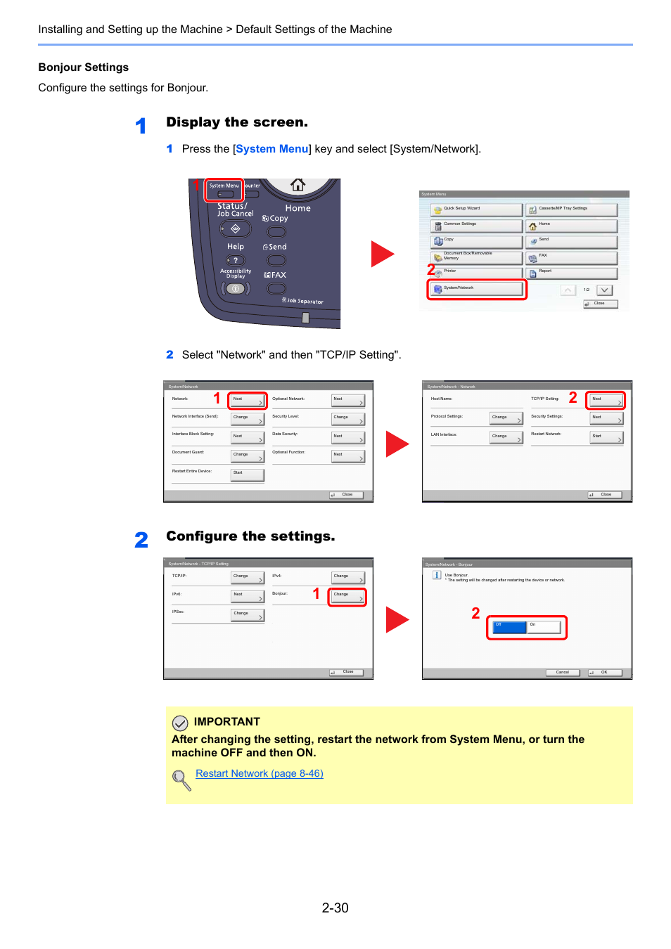 Display the screen, Configure the settings, Restart network (page 8-46) | TA Triumph-Adler 3060i User Manual | Page 86 / 526