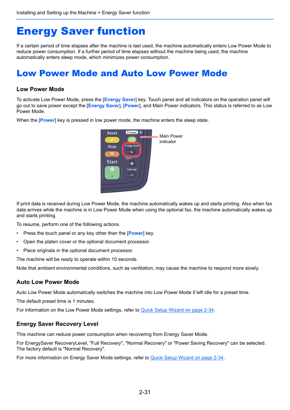 Energy saver function, Low power mode and auto low power mode, Energy saver function -31 | Low power mode and auto low power mode -31 | TA Triumph-Adler 3060i User Manual | Page 87 / 526