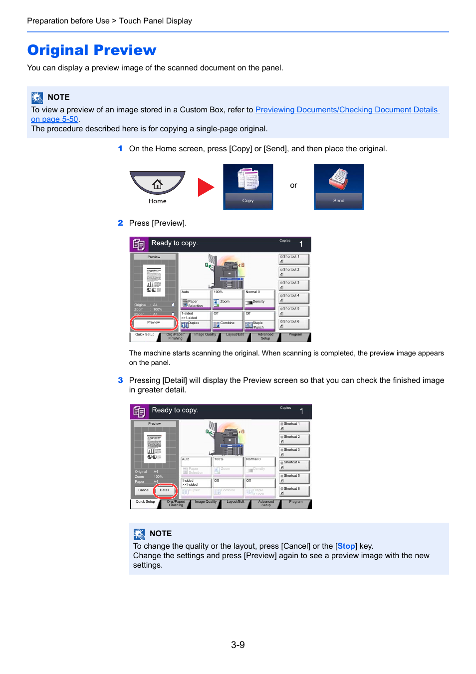 Original preview, Original preview -9, Preparation before use > touch panel display | TA Triumph-Adler 3555i User Manual | Page 111 / 550