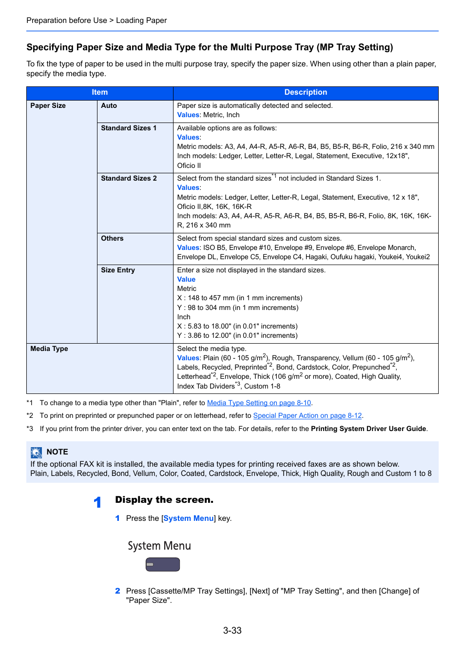 Specifying paper size and media type for the, Specifying, Specifying paper size and | Display the screen | TA Triumph-Adler 3555i User Manual | Page 135 / 550