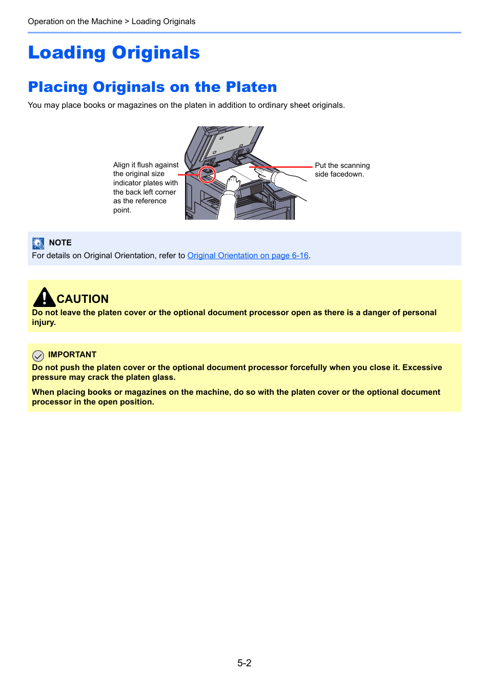 Loading originals, Placing originals on the platen, Loading originals -2 | Placing originals on the platen -2, Caution | TA Triumph-Adler 3555i User Manual | Page 176 / 550