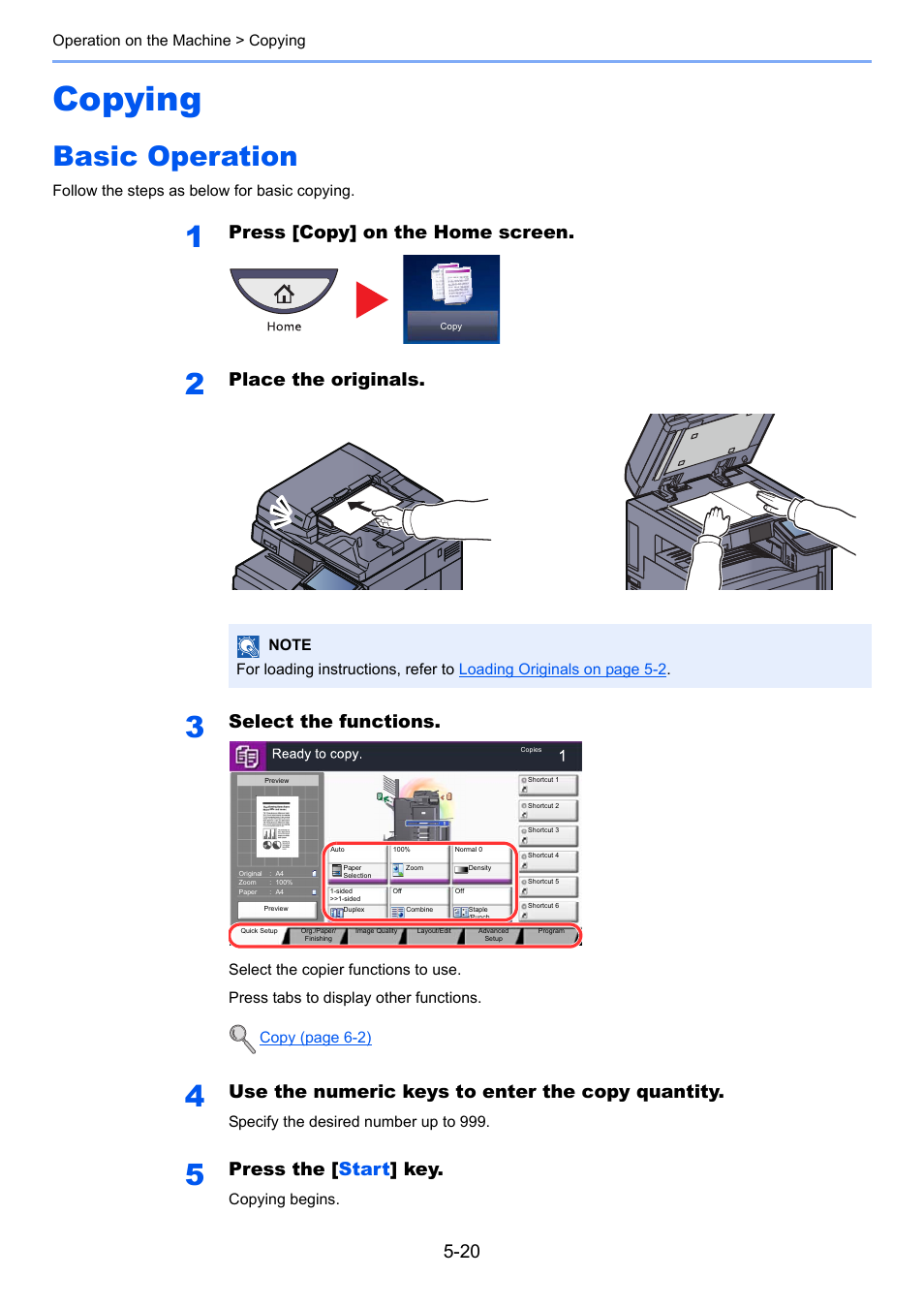 Copying, Basic operation, Copying -20 | Basic operation -20, Press [copy] on the home screen, Place the originals, Select the functions, Use the numeric keys to enter the copy quantity, Press the [ start ] key | TA Triumph-Adler 3555i User Manual | Page 194 / 550