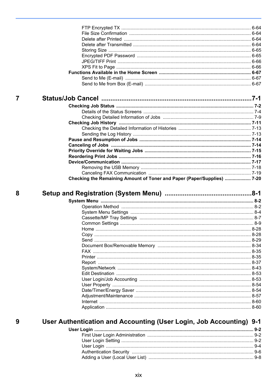 7status/job cancel -1, 8setup and registration (system menu) -1 | TA Triumph-Adler 3555i User Manual | Page 20 / 550