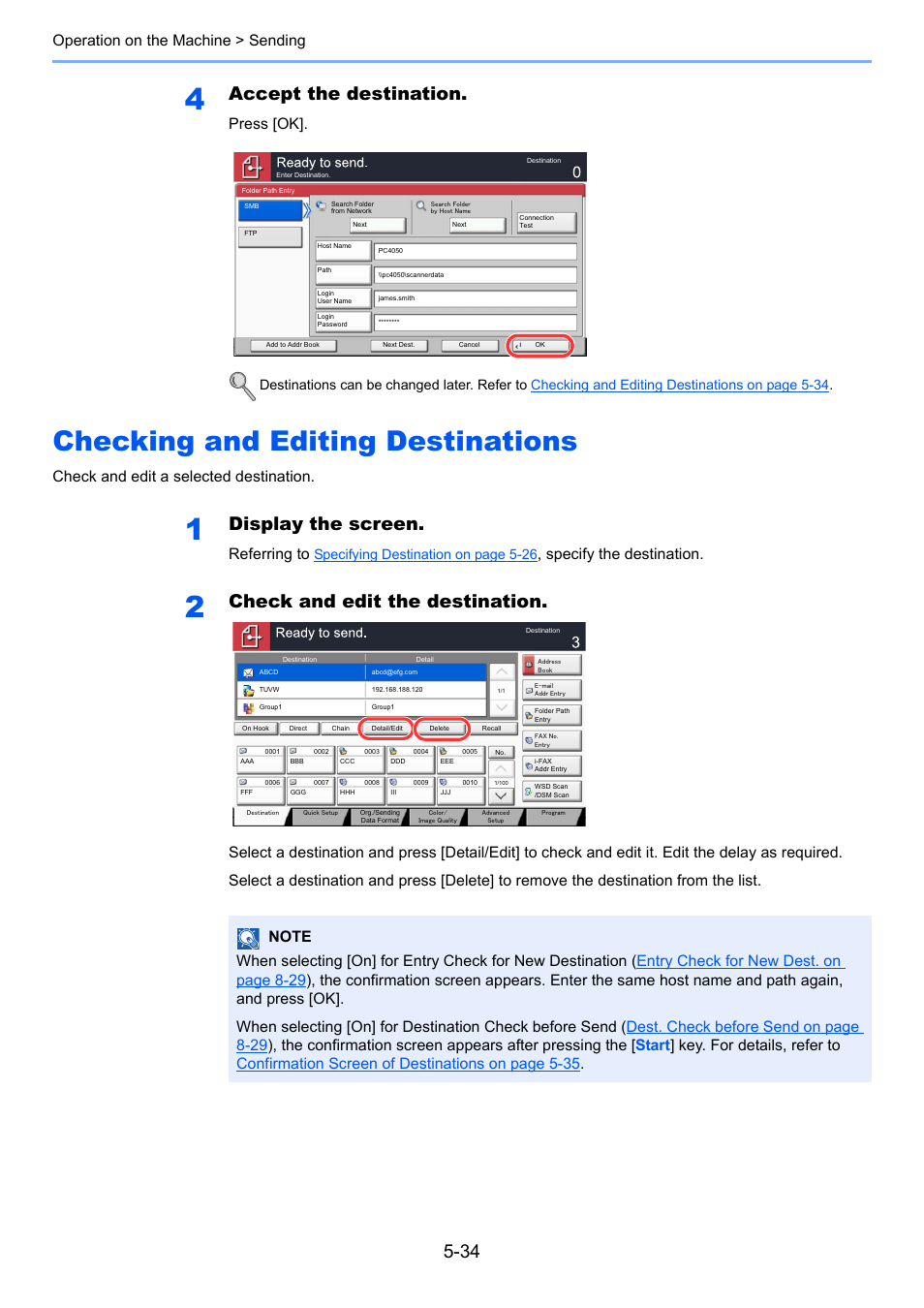 Checking and editing destinations, Checking and editing destinations -34, Fer to | Accept the destination, Display the screen, Check and edit the destination, Operation on the machine > sending, Press [ok, Check and edit a selected destination, Referring to | TA Triumph-Adler 3555i User Manual | Page 208 / 550
