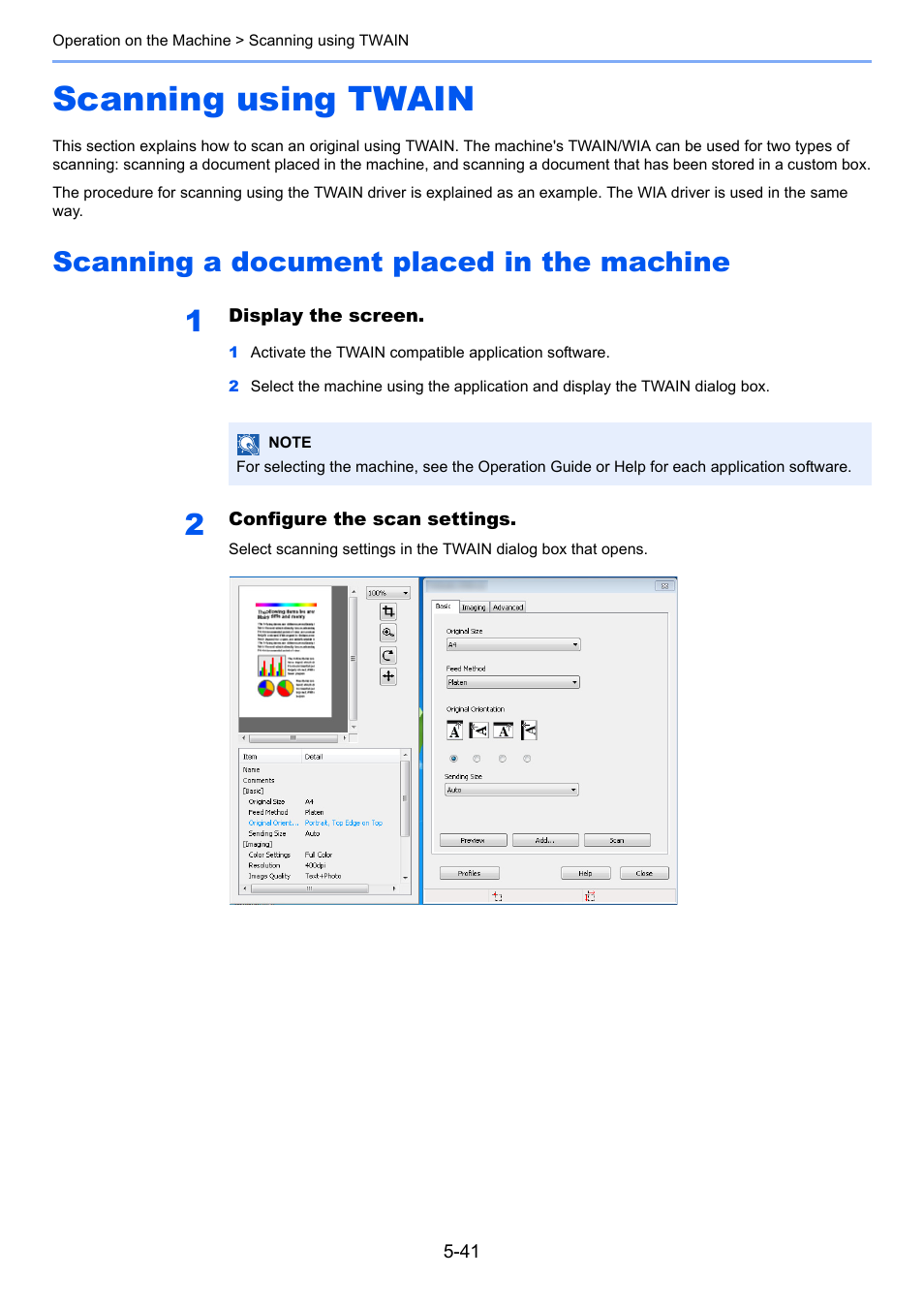 Scanning using twain, Scanning a document placed in the machine, Scanning using twain -41 | Scanning a document placed in the machine -41 | TA Triumph-Adler 3555i User Manual | Page 215 / 550