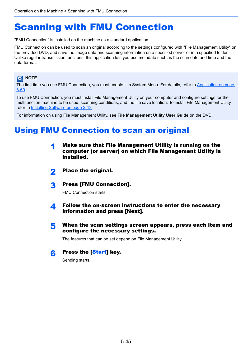 Scanning with fmu connection, Using fmu connection to scan an original, Scanning with fmu connection -45 | Using fmu connection to scan an original -45 | TA Triumph-Adler 3555i User Manual | Page 219 / 550
