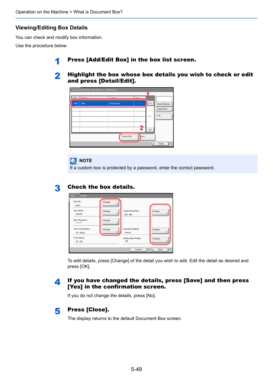 Viewing/editing box details, Press [add/edit box] in the box list screen, Check the box details | Press [close, Operation on the machine > what is document box, If you do not change the details, press [no | TA Triumph-Adler 3555i User Manual | Page 223 / 550