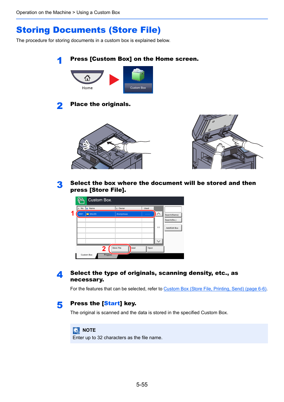 Storing documents (store file), Storing documents (store file) -55, Press [custom box] on the home screen | Place the originals, Press the [ start ] key | TA Triumph-Adler 3555i User Manual | Page 229 / 550