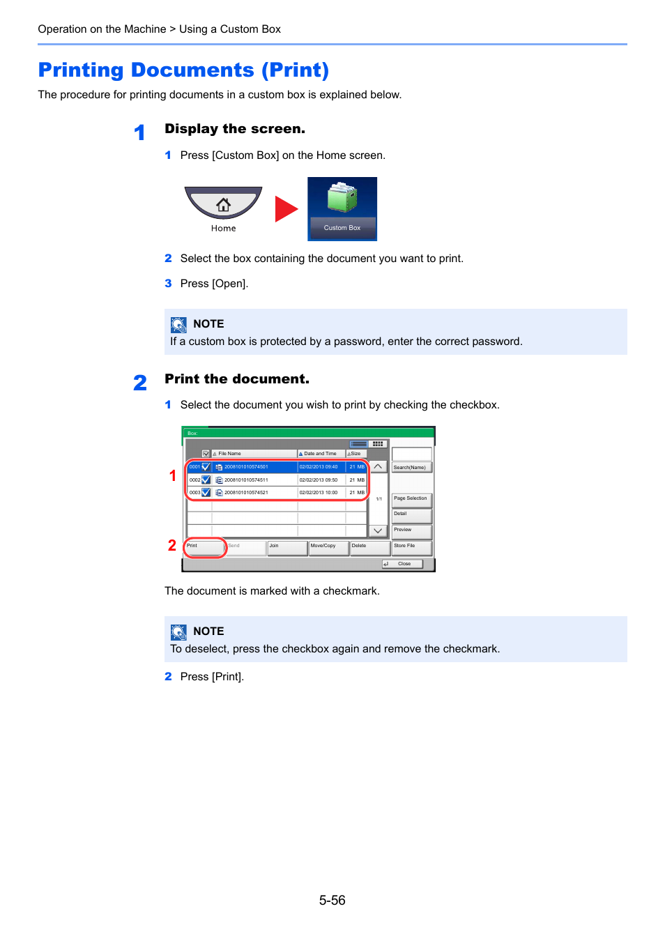 Printing documents (print), Printing documents (print) -56, Display the screen | Print the document | TA Triumph-Adler 3555i User Manual | Page 230 / 550