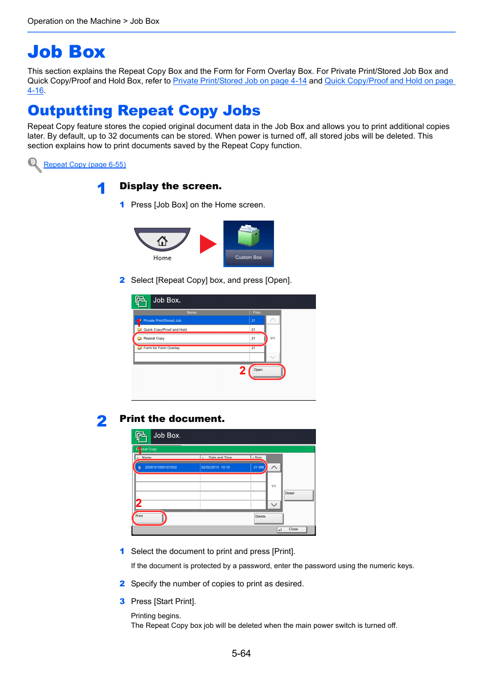 Job box, Outputting repeat copy jobs, Job box -64 | Outputting repeat copy jobs -64, Display the screen, Print the document | TA Triumph-Adler 3555i User Manual | Page 238 / 550
