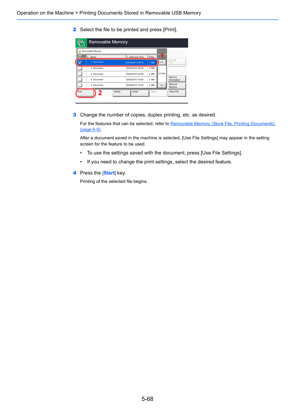 Start, Printing of the selected file begins | TA Triumph-Adler 3555i User Manual | Page 242 / 550