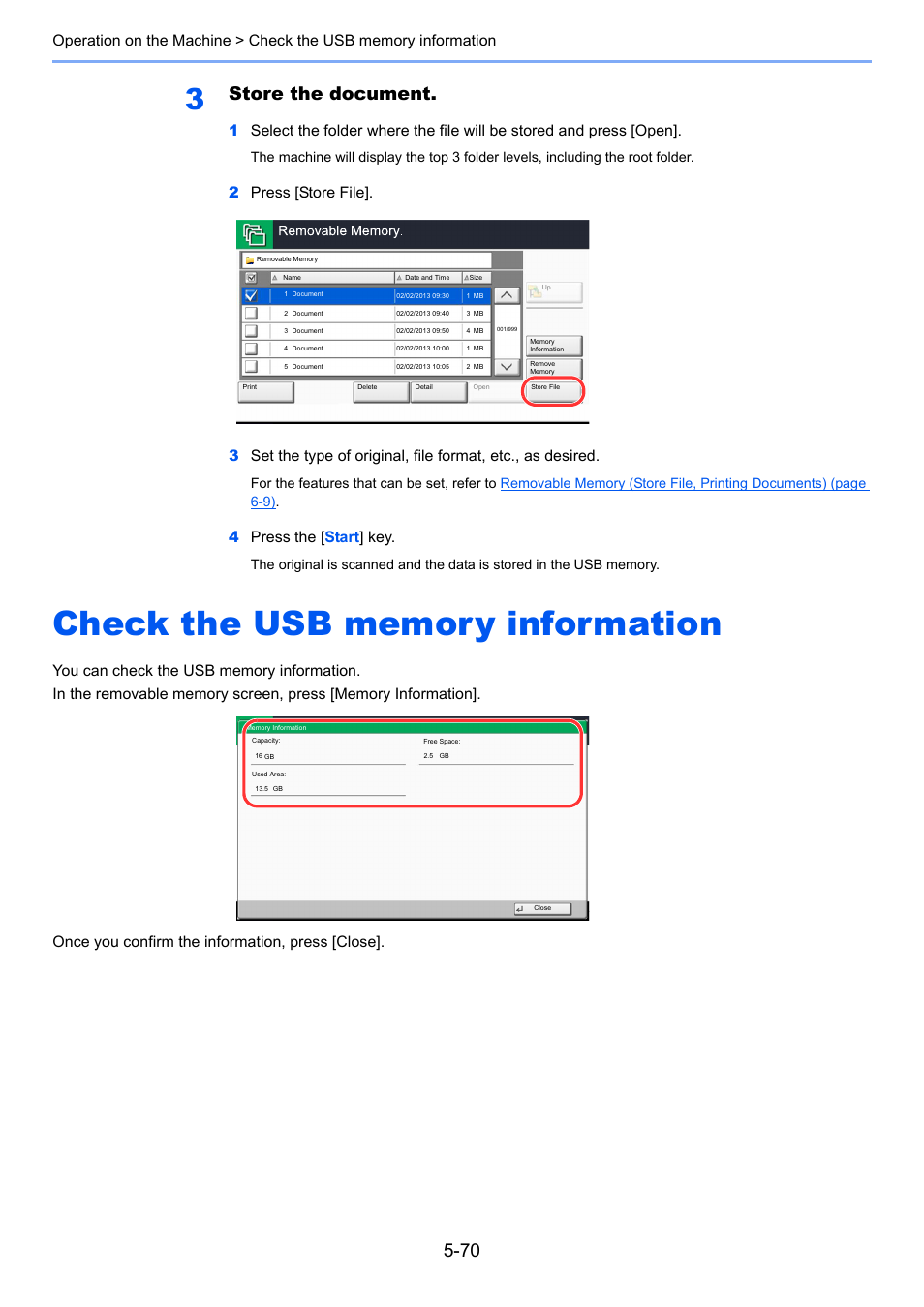 Check the usb memory information, Check the usb memory information -70, Store the document | 4press the [ start ] key | TA Triumph-Adler 3555i User Manual | Page 244 / 550