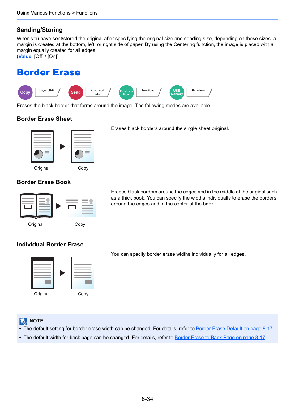 Border erase, Border erase -34, Sending/storing | Border erase sheet, Border erase book, Individual border erase | TA Triumph-Adler 3555i User Manual | Page 282 / 550