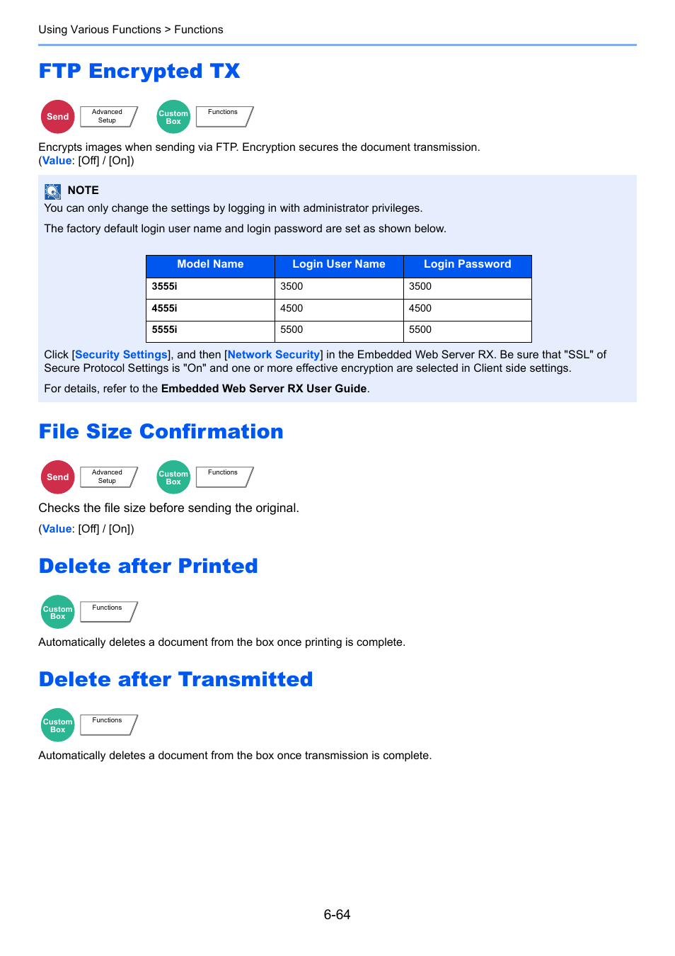 Ftp encrypted tx, File size confirmation, Delete after printed | Delete after transmitted | TA Triumph-Adler 3555i User Manual | Page 312 / 550