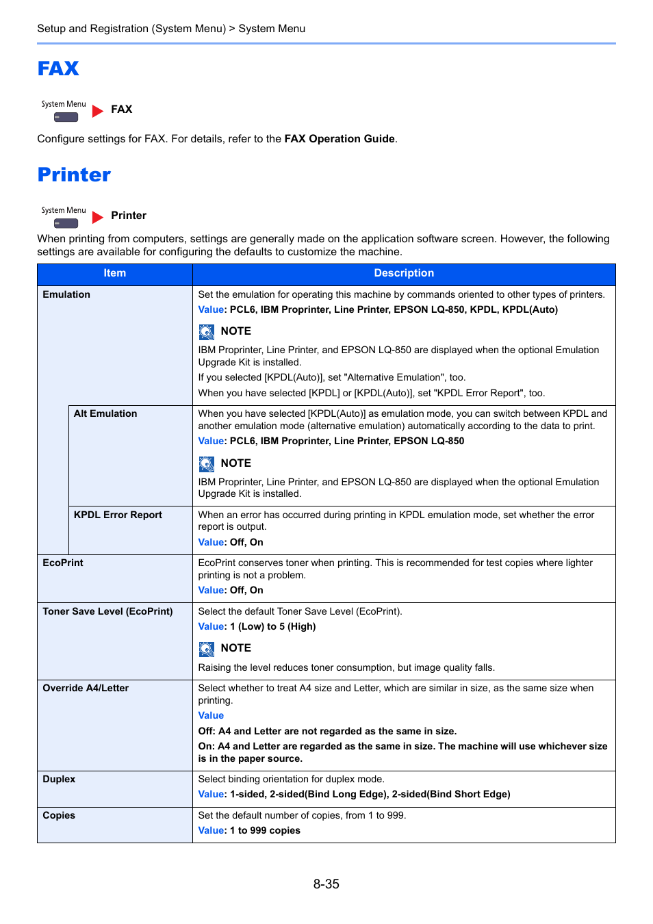 Printer, Fax -35 printer -35 | TA Triumph-Adler 3555i User Manual | Page 371 / 550