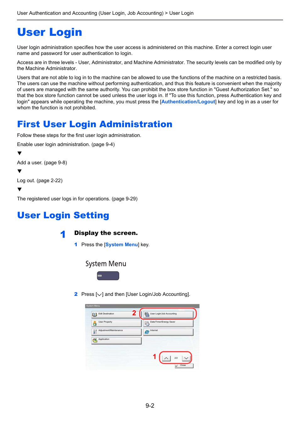 User login, First user login administration, User login setting | User login -2, Display the screen | TA Triumph-Adler 3555i User Manual | Page 398 / 550