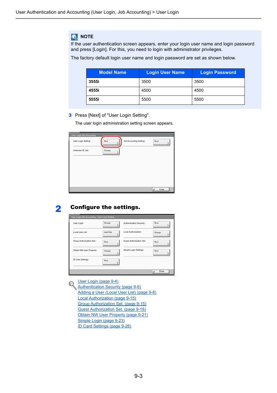 Configure the settings, Model name login user name login password | TA Triumph-Adler 3555i User Manual | Page 399 / 550