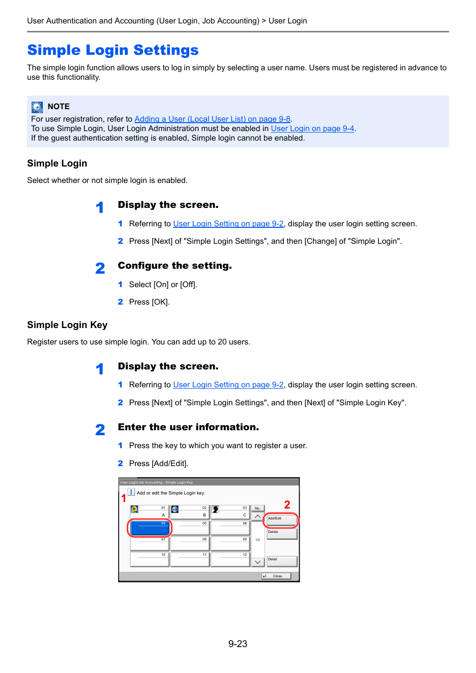 Simple login settings, Simple login settings -23, Simple login settings on | Simple login, Display the screen, Configure the setting, Simple login key, Enter the user information | TA Triumph-Adler 3555i User Manual | Page 419 / 550