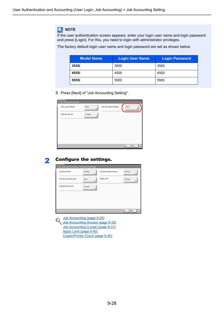 Configure the settings, Model name login user name login password | TA Triumph-Adler 3555i User Manual | Page 424 / 550