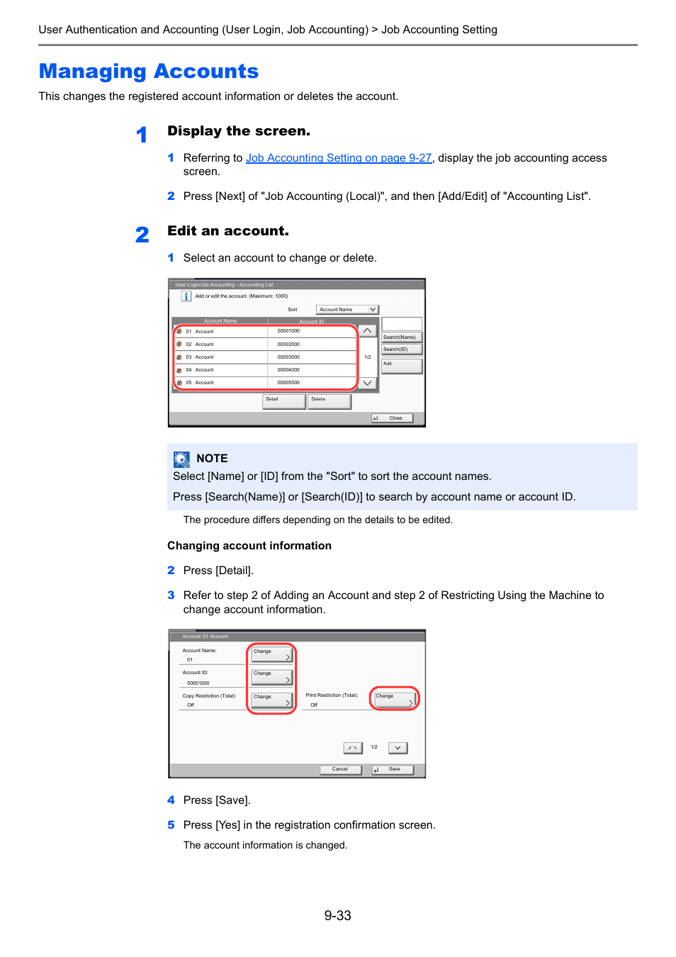 Managing accounts, Managing accounts -33, Display the screen | Edit an account, 1select an account to change or delete | TA Triumph-Adler 3555i User Manual | Page 429 / 550