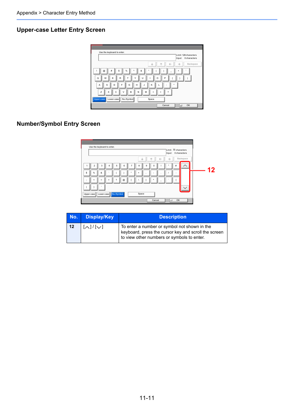 Appendix > character entry method, No. display/key description | TA Triumph-Adler 3555i User Manual | Page 515 / 550