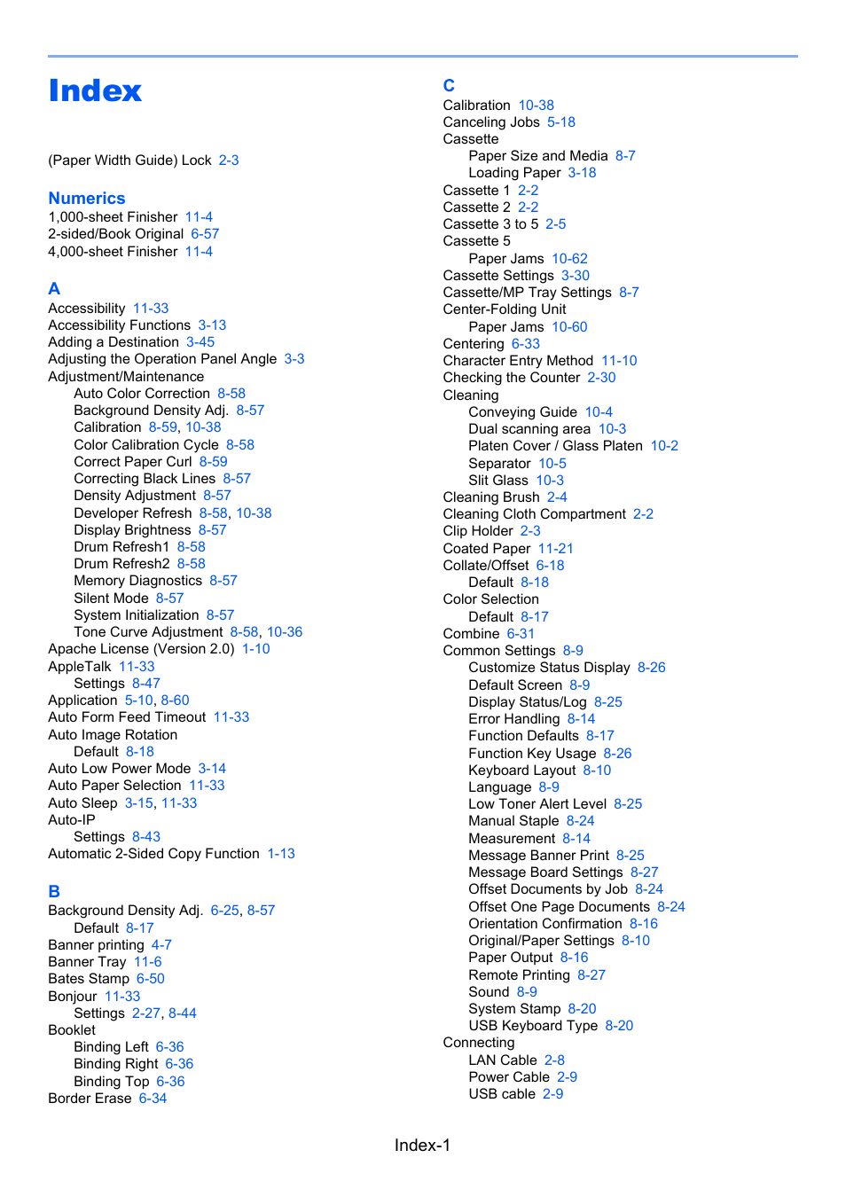 Index, Index-1, Numerics | TA Triumph-Adler 3555i User Manual | Page 541 / 550