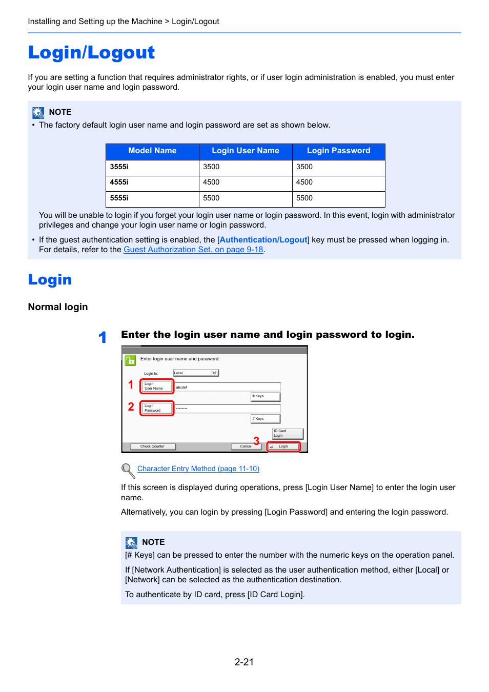 Login/logout, Login, Login/logout -21 | Login -21, Normal login | TA Triumph-Adler 3555i User Manual | Page 77 / 550