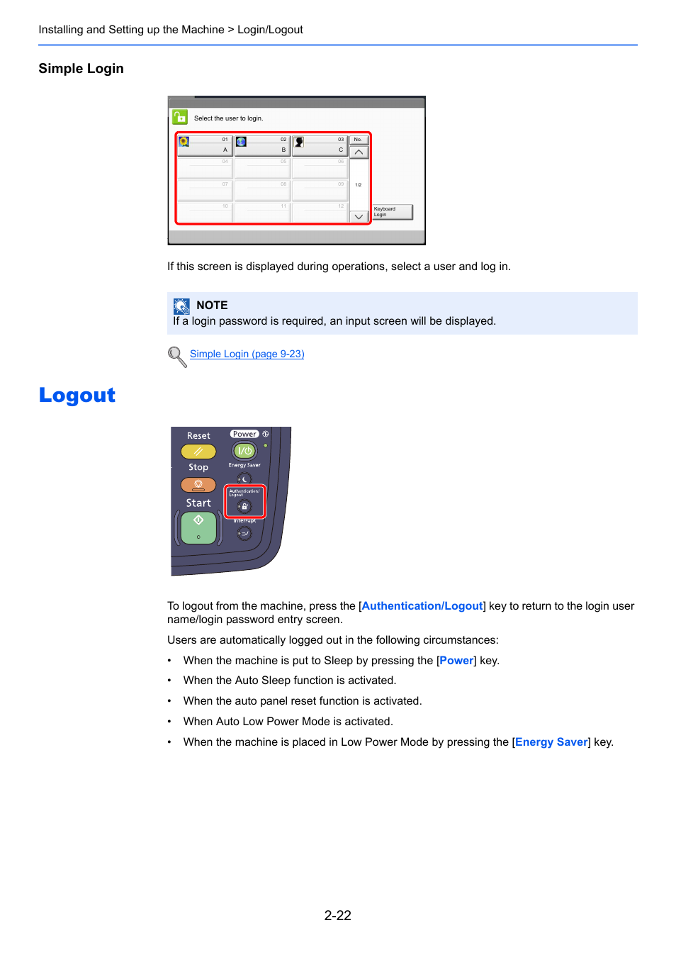 Logout, Logout -22, Simple login | TA Triumph-Adler 3555i User Manual | Page 78 / 550