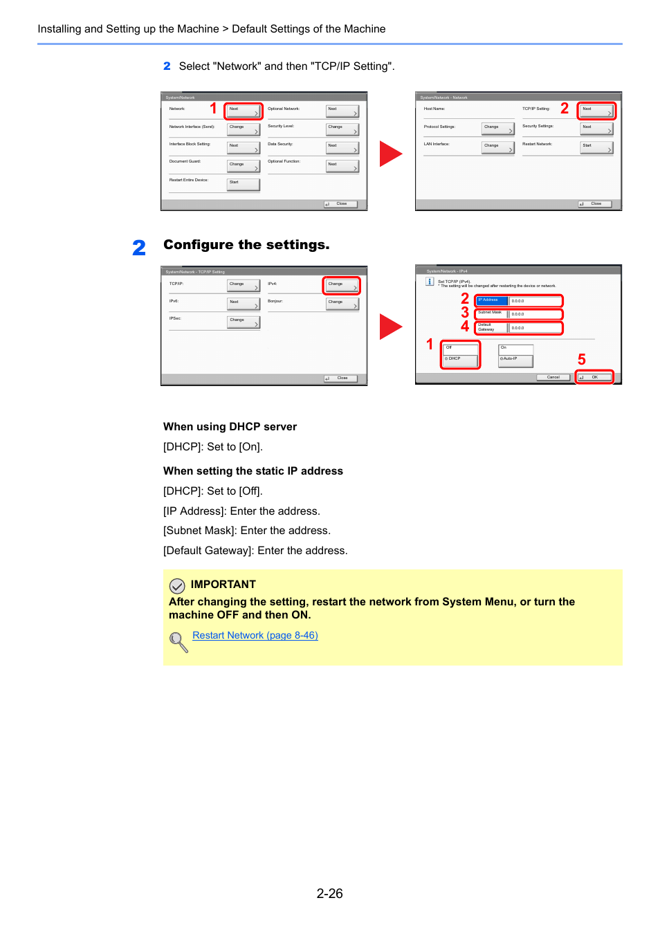 Configure the settings, Restart network (page 8-46) | TA Triumph-Adler 3555i User Manual | Page 82 / 550