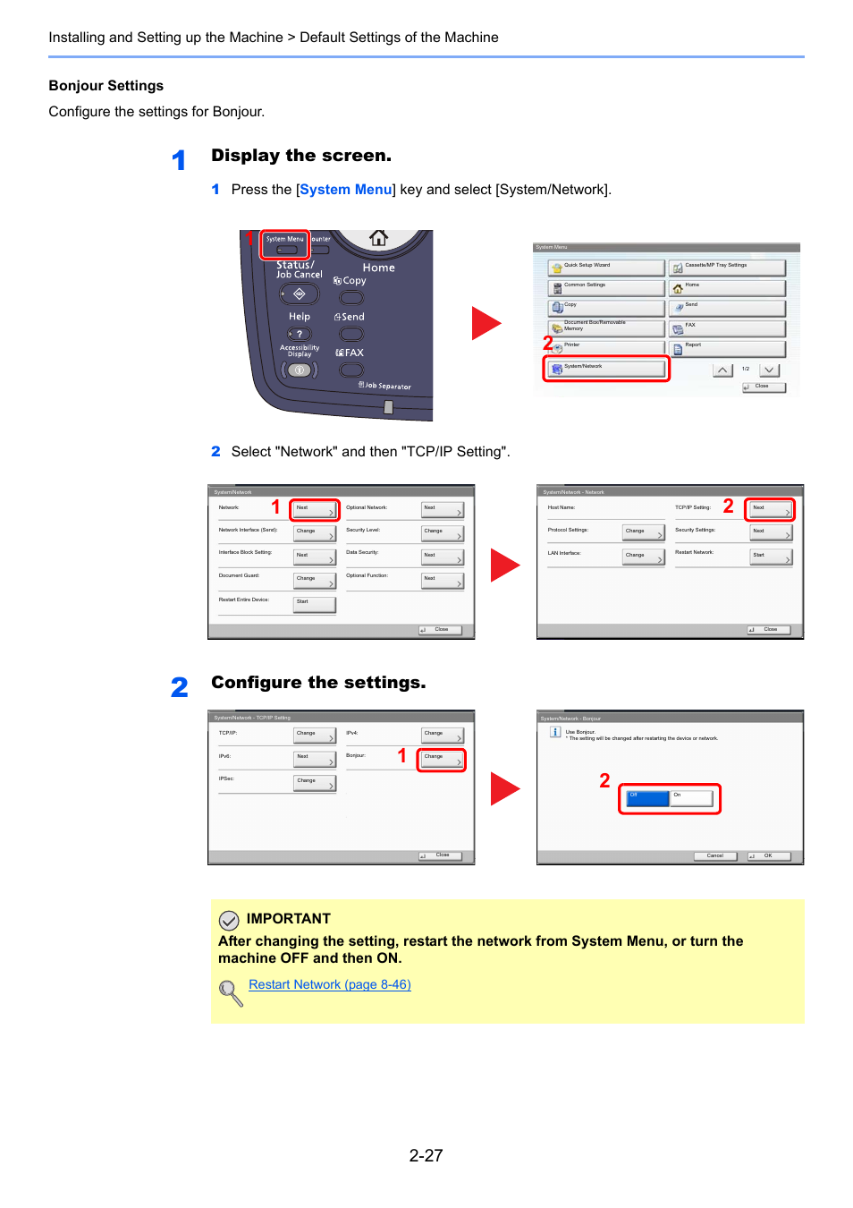 Display the screen, Configure the settings, Restart network (page 8-46) | TA Triumph-Adler 3555i User Manual | Page 83 / 550