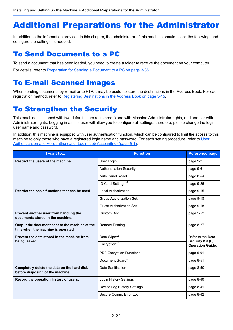 Additional preparations for the administrator, To send documents to a pc, To e-mail scanned images | To strengthen the security, Additional preparations for the administrator -31 | TA Triumph-Adler 3555i User Manual | Page 87 / 550