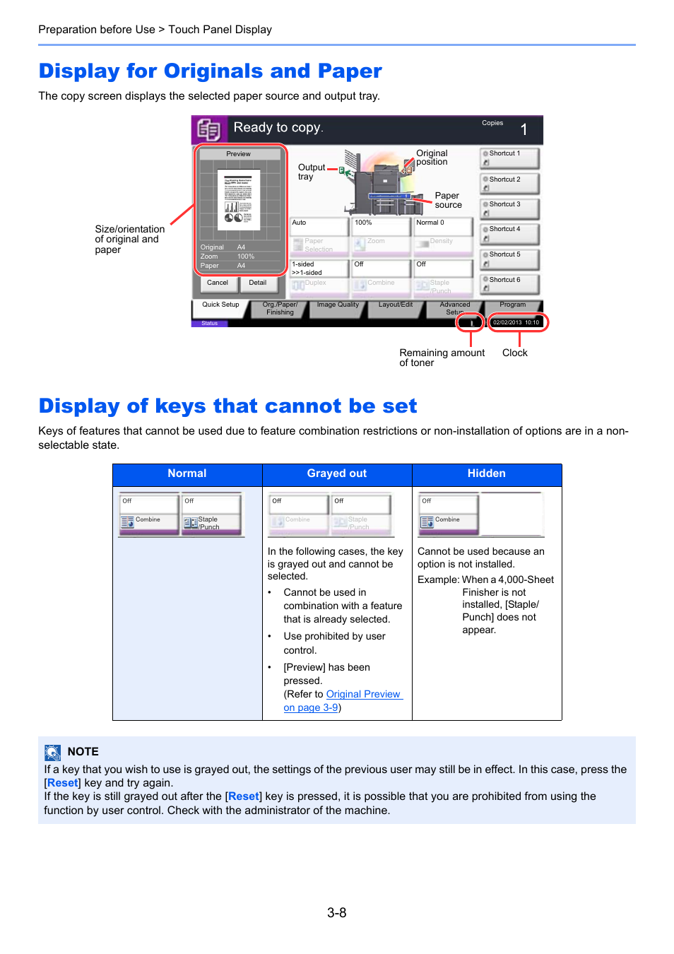 Display for originals and paper, Display of keys that cannot be set, Preparation before use > touch panel display | TA Triumph-Adler 6555i User Manual | Page 112 / 540