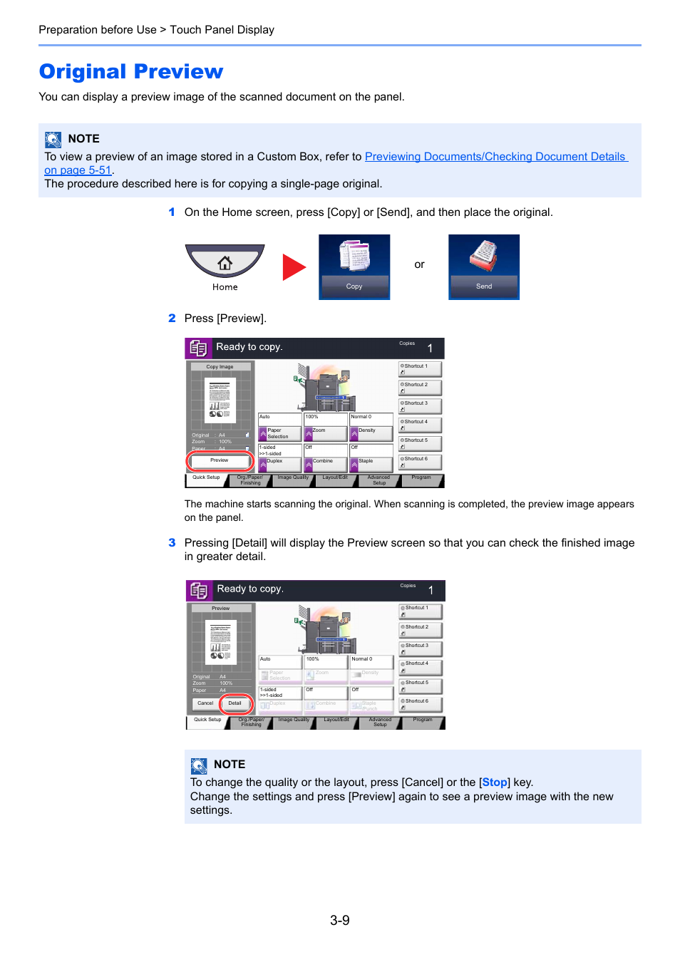 Original preview, Original preview -9, Preparation before use > touch panel display | TA Triumph-Adler 6555i User Manual | Page 113 / 540