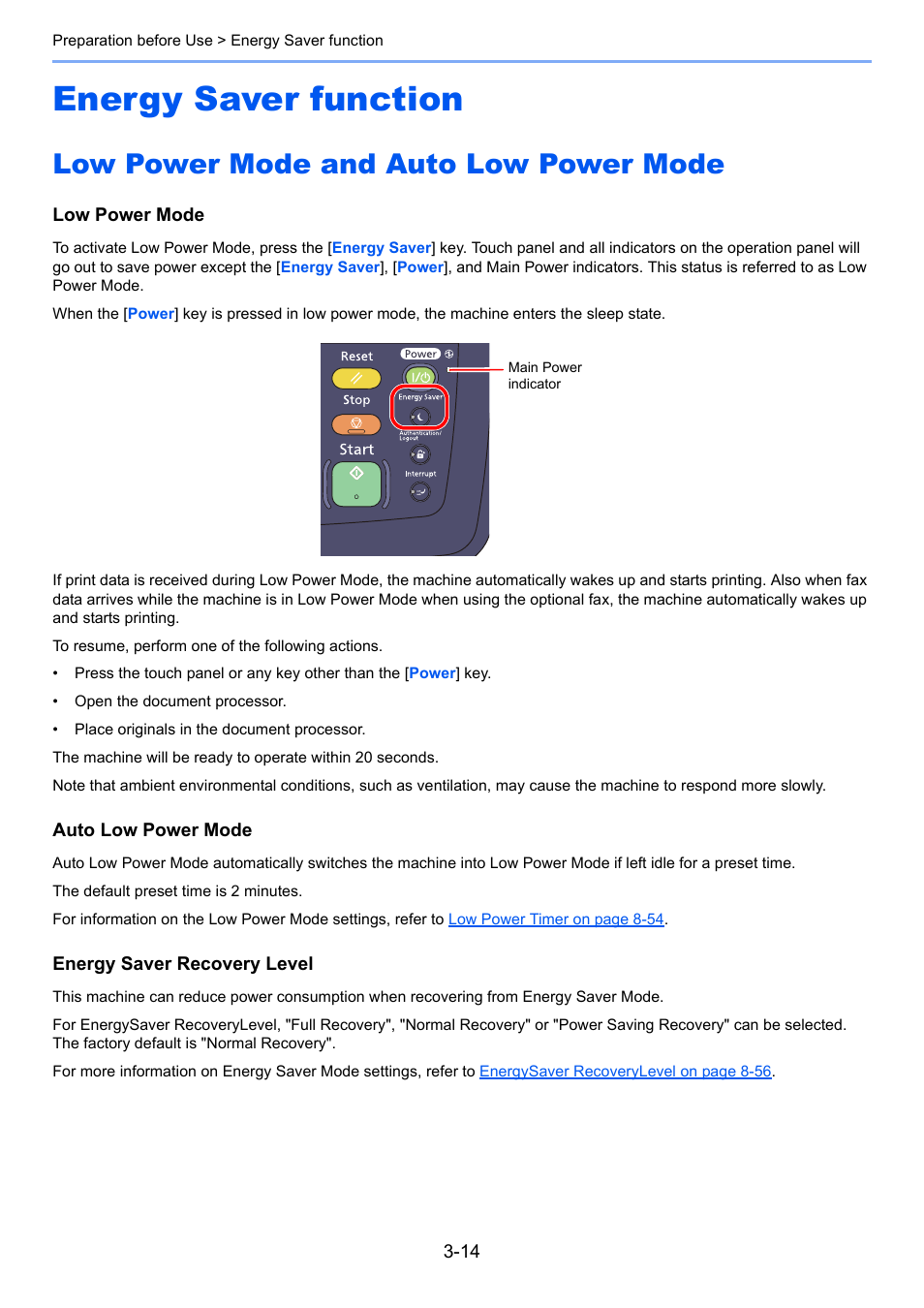 Energy saver function, Low power mode and auto low power mode, Energy saver function -14 | Low power mode and auto low power mode -14 | TA Triumph-Adler 6555i User Manual | Page 118 / 540