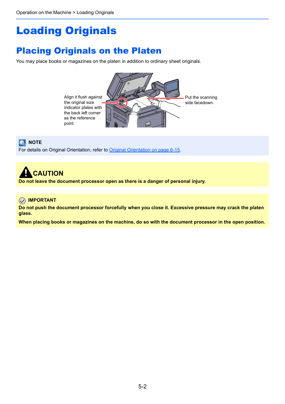 Loading originals, Placing originals on the platen, Loading originals -2 | Placing originals on the platen -2, Caution | TA Triumph-Adler 6555i User Manual | Page 178 / 540