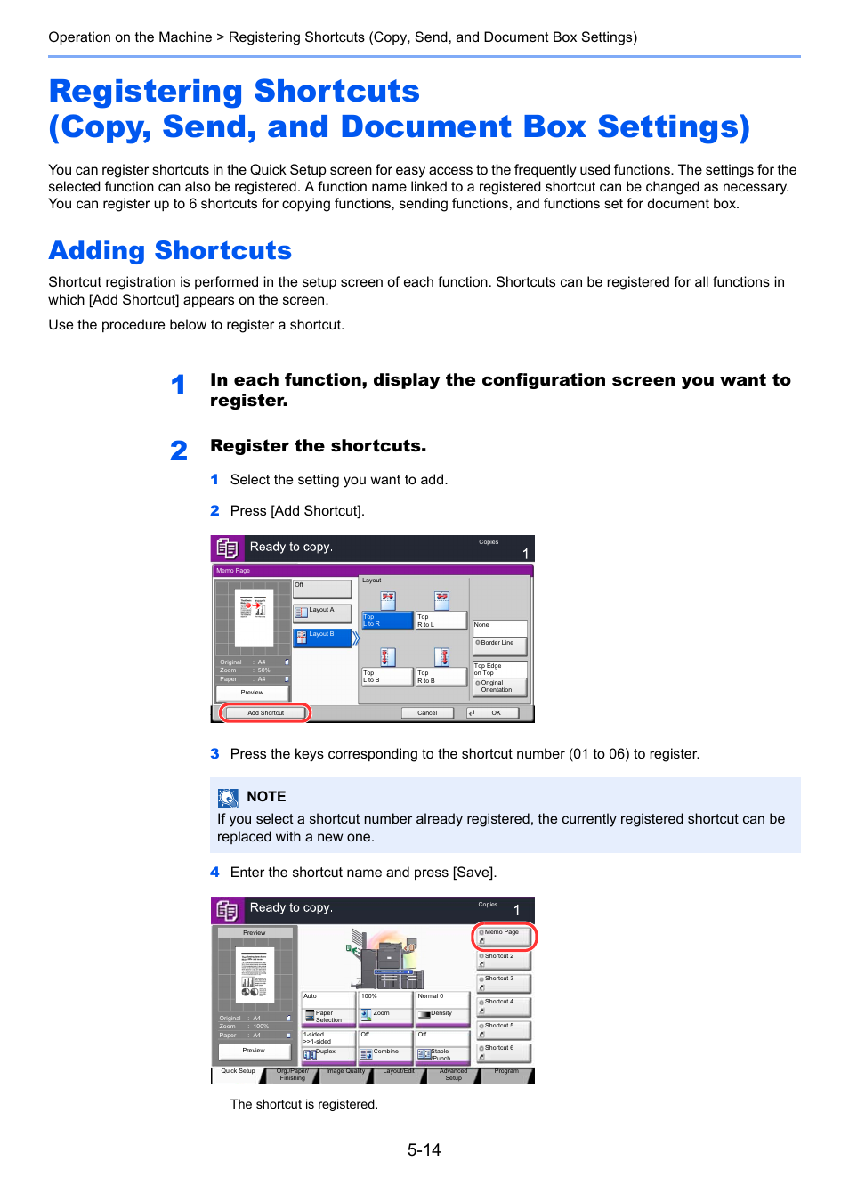 Adding shortcuts, Adding shortcuts -14, Register the shortcuts | The shortcut is registered | TA Triumph-Adler 6555i User Manual | Page 190 / 540