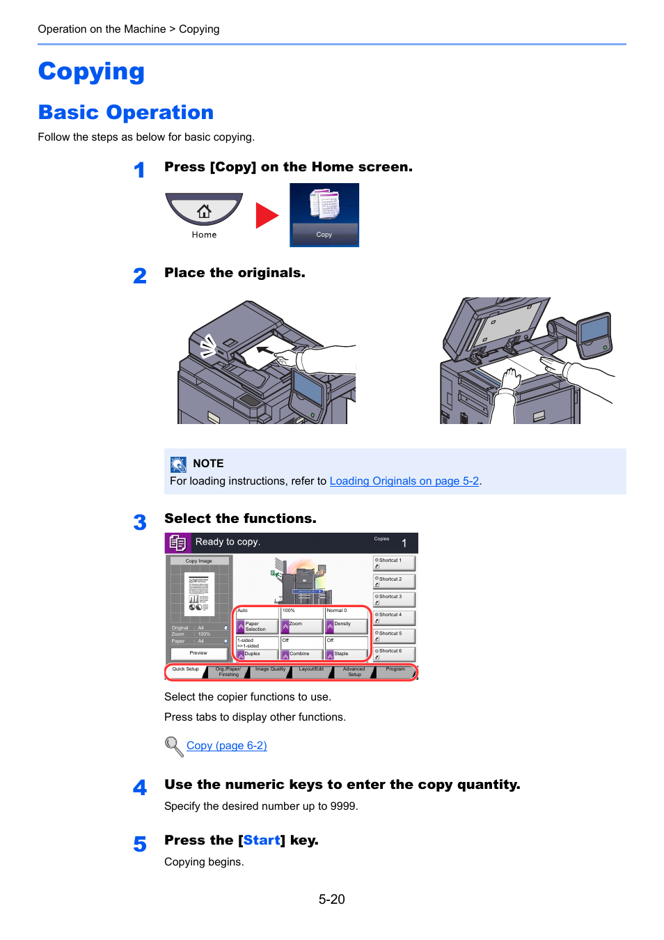 Copying, Basic operation, Copying -20 | Basic operation -20, Press [copy] on the home screen, Place the originals, Select the functions, Use the numeric keys to enter the copy quantity, Press the [ start ] key | TA Triumph-Adler 6555i User Manual | Page 196 / 540