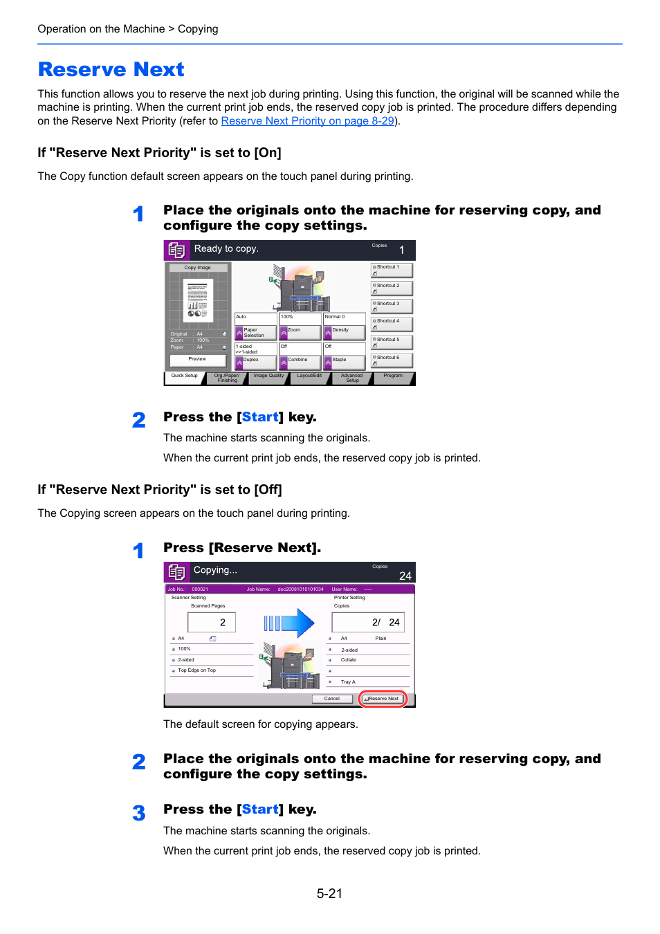 Reserve next, Reserve next -21, If "reserve next priority" is set to [on | Press the [ start ] key, If "reserve next priority" is set to [off, Press [reserve next, Operation on the machine > copying, The default screen for copying appears | TA Triumph-Adler 6555i User Manual | Page 197 / 540