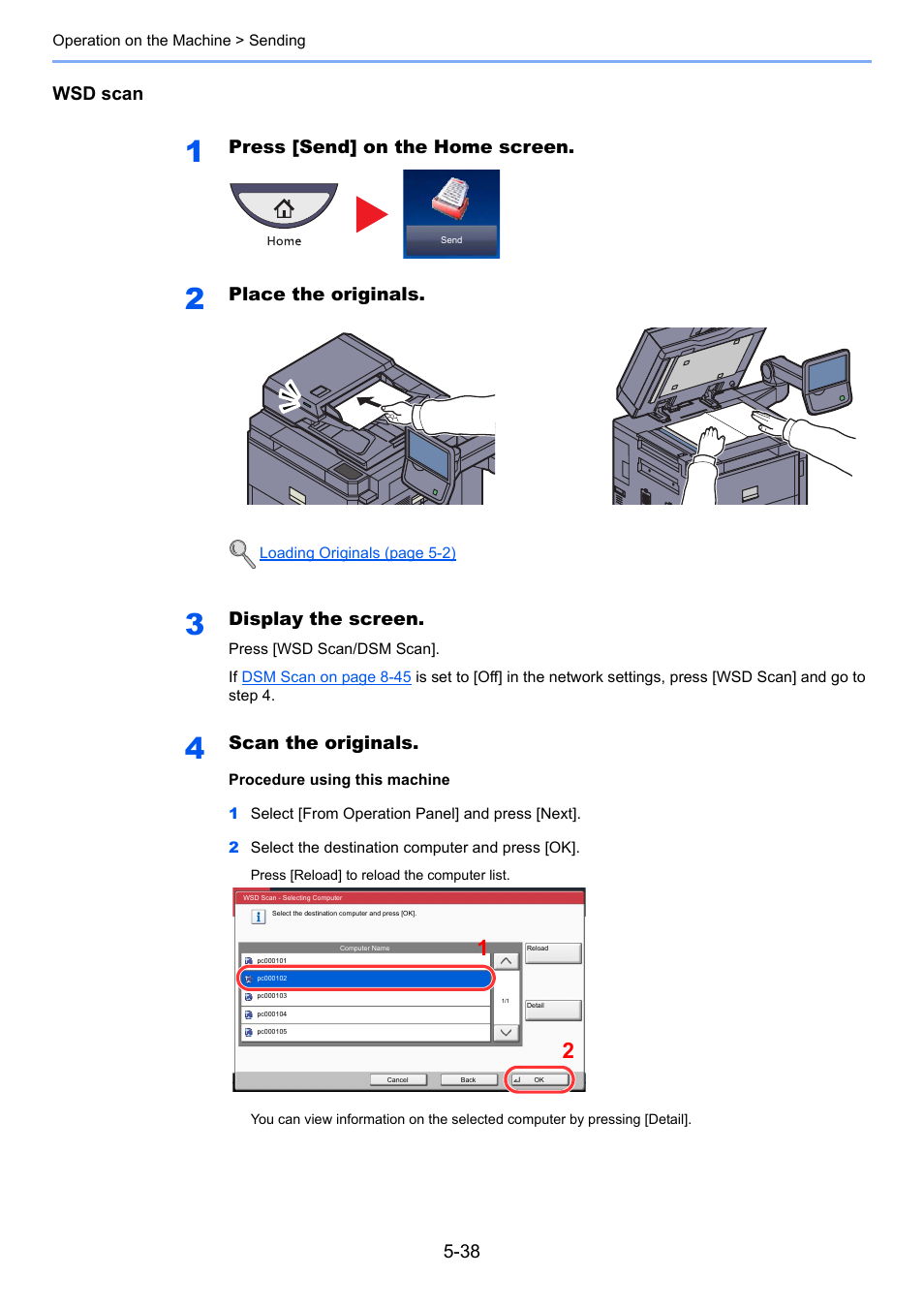 Wsd scan, Press [send] on the home screen, Place the originals | Display the screen, Scan the originals | TA Triumph-Adler 6555i User Manual | Page 214 / 540
