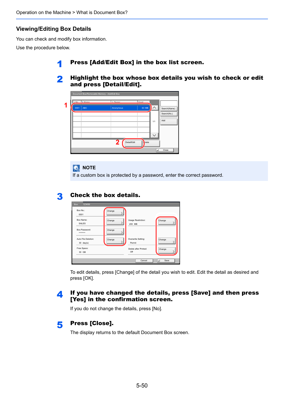 Viewing/editing box details, Press [add/edit box] in the box list screen, Check the box details | Press [close, Operation on the machine > what is document box, If you do not change the details, press [no | TA Triumph-Adler 6555i User Manual | Page 226 / 540