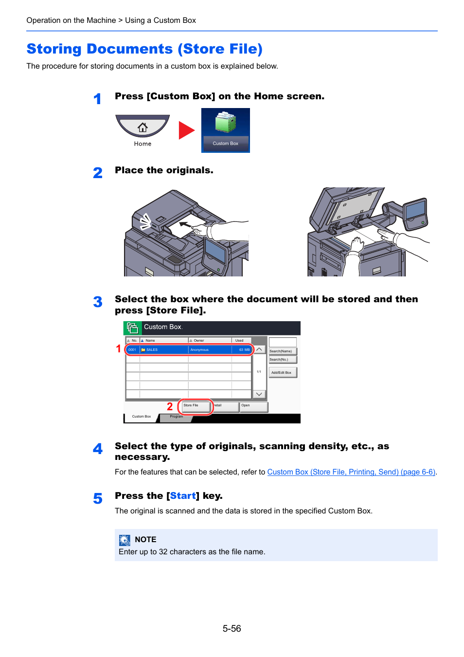 Storing documents (store file), Storing documents (store file) -56, Press [custom box] on the home screen | Place the originals, Press the [ start ] key | TA Triumph-Adler 6555i User Manual | Page 232 / 540