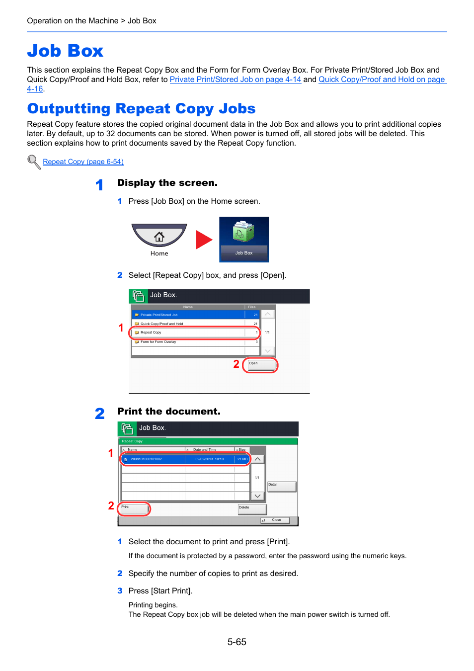 Job box, Outputting repeat copy jobs, Job box -65 | Outputting repeat copy jobs -65, Display the screen, Print the document | TA Triumph-Adler 6555i User Manual | Page 241 / 540