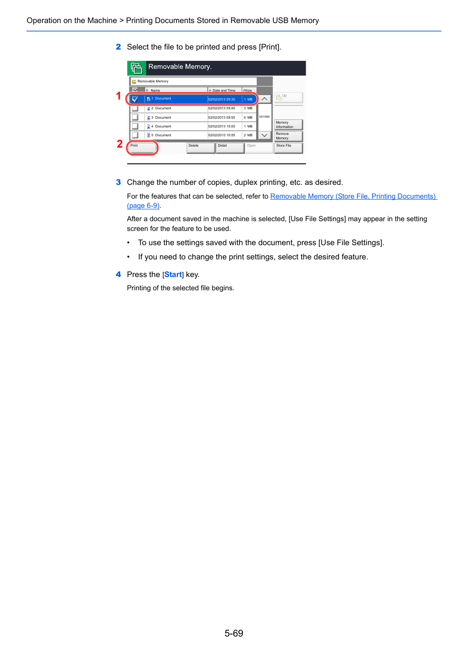 Start, Printing of the selected file begins | TA Triumph-Adler 6555i User Manual | Page 245 / 540