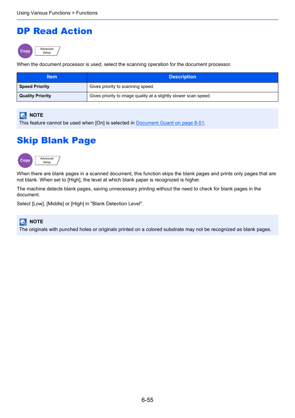 Dp read action, Skip blank page | TA Triumph-Adler 6555i User Manual | Page 305 / 540